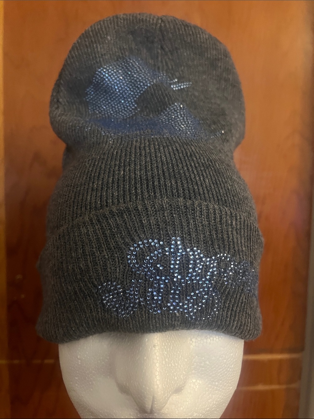 Black Rhinestone Knit Beanie Hat -